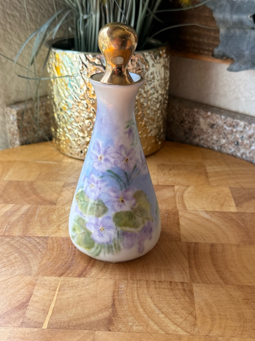 Hand-Painted Floral Porcelain Perfume Bottle with Gold Stopper - Lavender